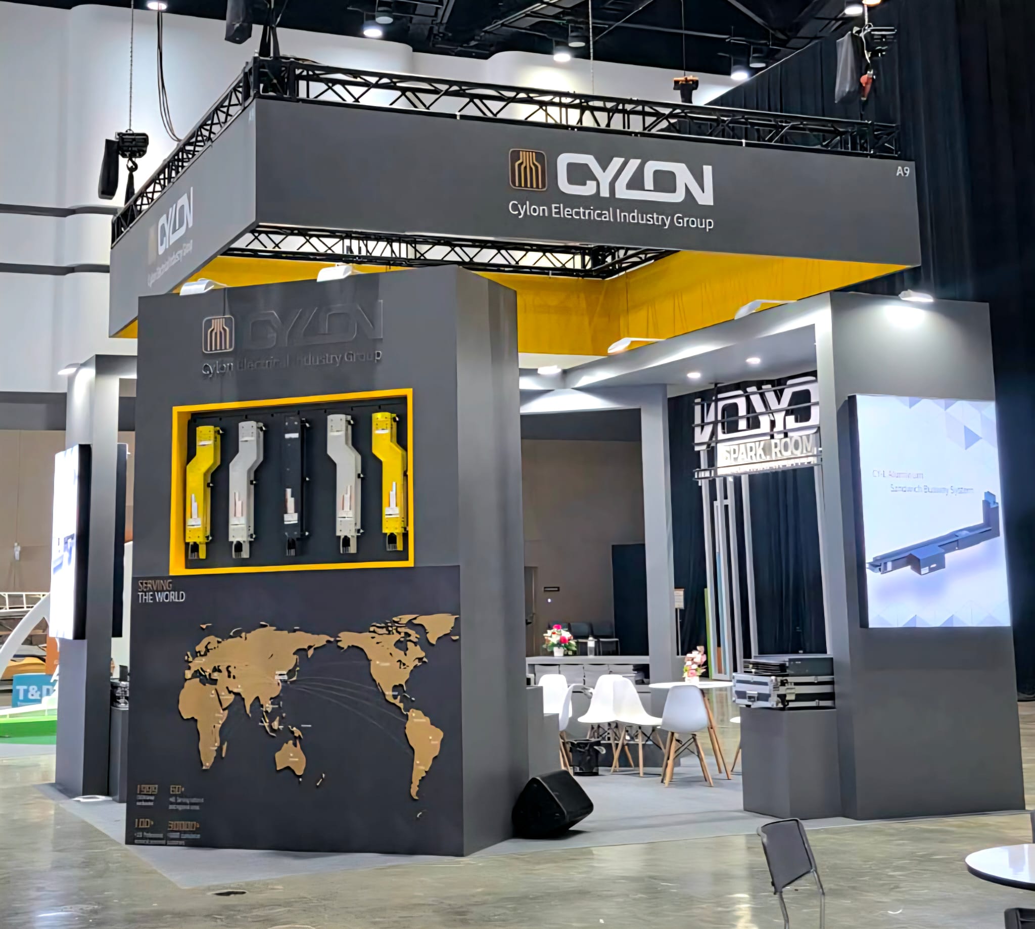 Cylon trade show booth with custom lighting and brand graphics