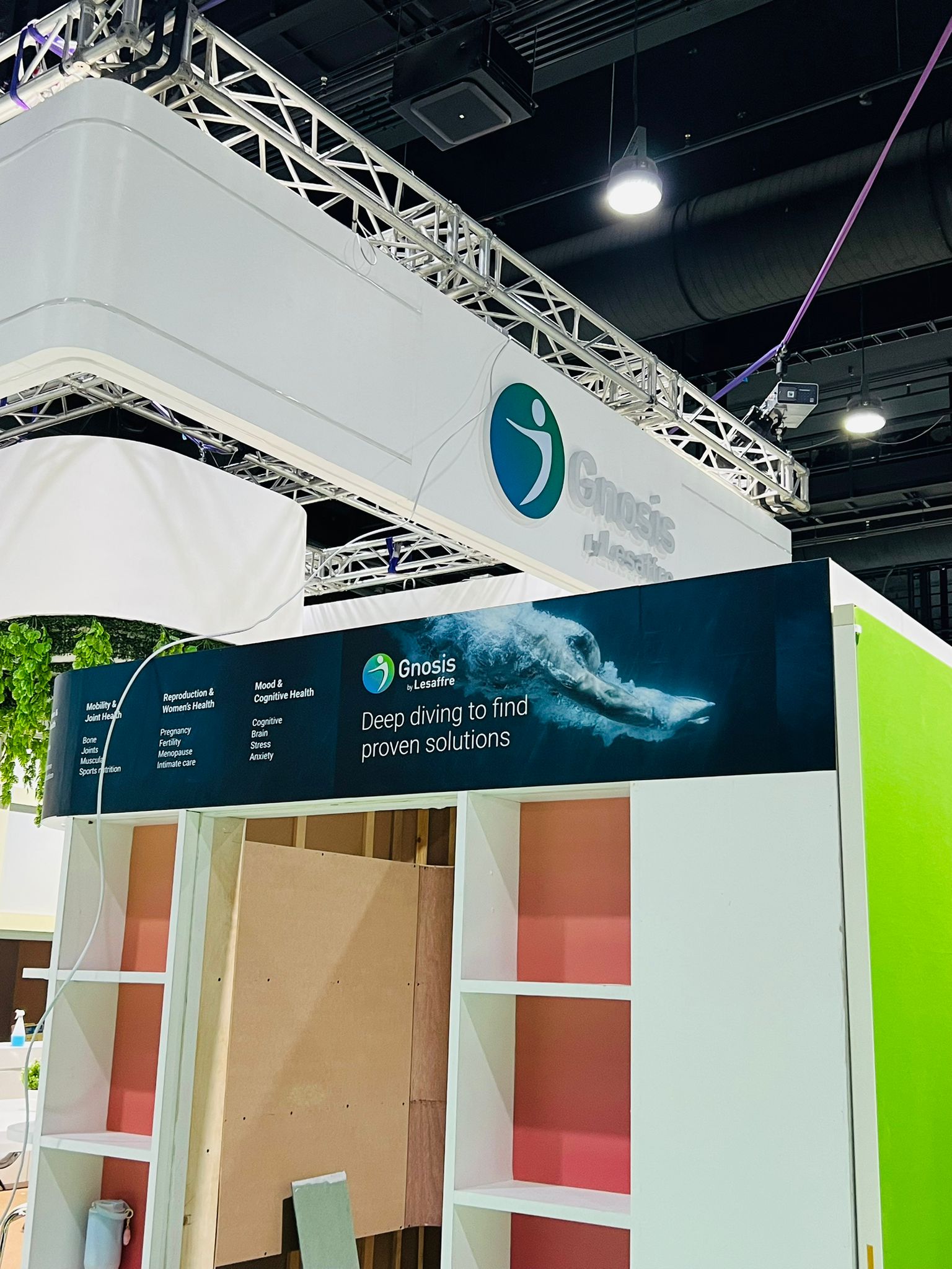 Large custom exhibition pavilion with overhead truss lighting